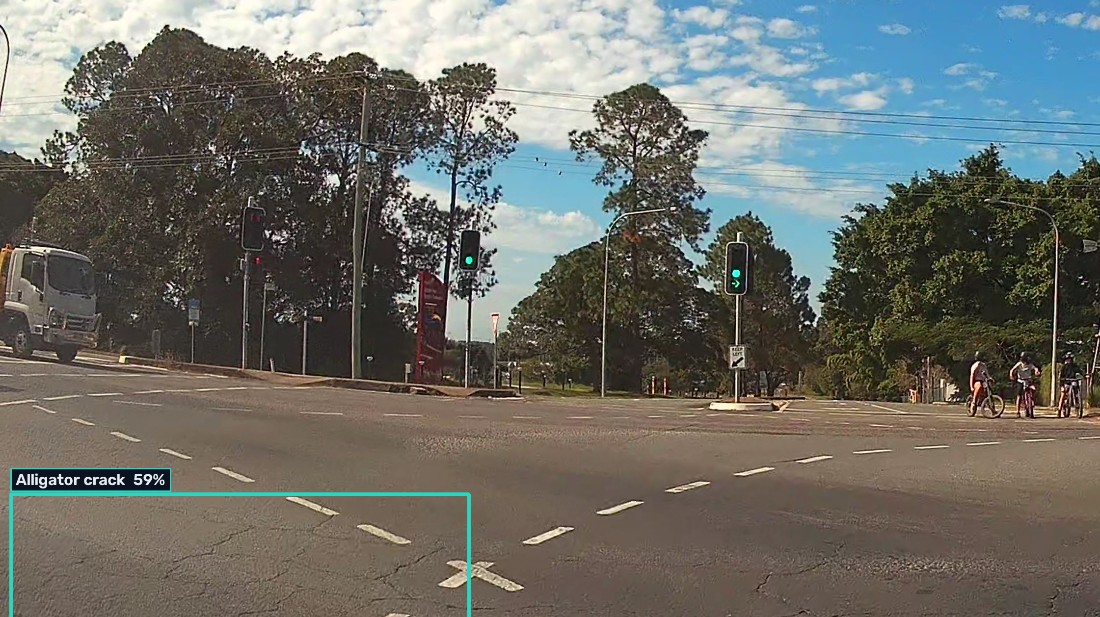 Civolens detecting an alligator crack from dashcam footage, with a bounding box and 59% confidence label